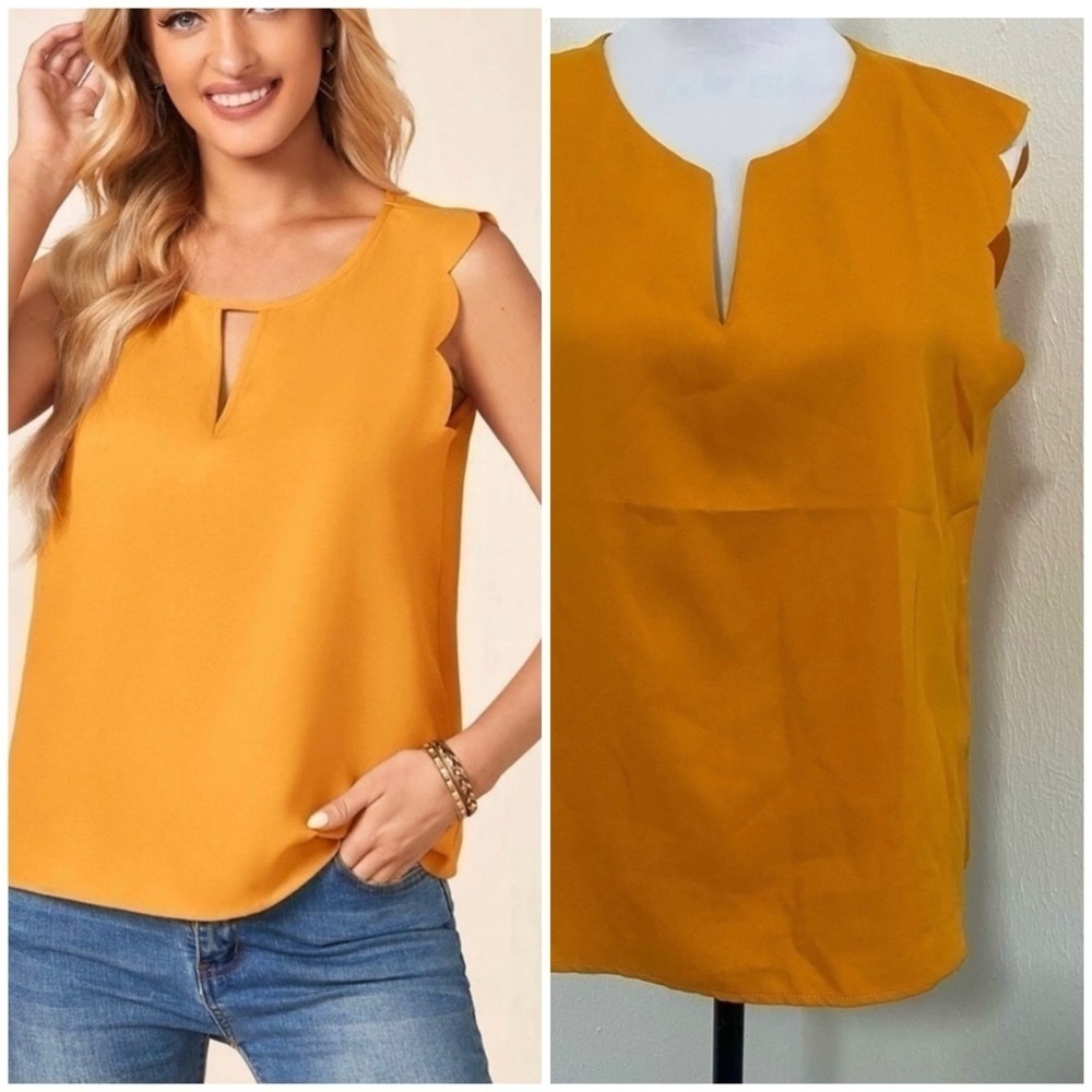 NWOT Women’s Scalloped Edge Neckline & Arms Blouse Sleeveless Med US 6 Mustard